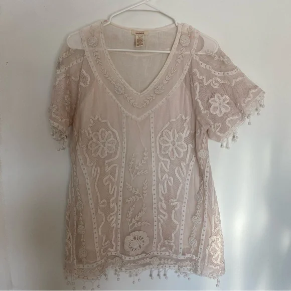 Sundance Cream Floral Embroidered Blouse Lined Tassle - Picture 12 of 12